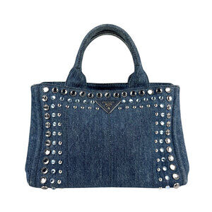Prada Canapa Denim Tote Bag Beads Blue Silver